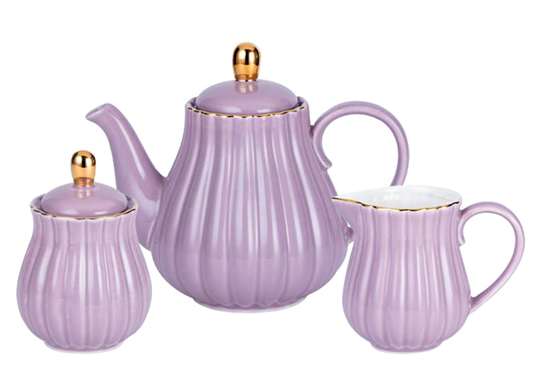 Fine China Purple Teapot and Creamer Sugar Bowl Set