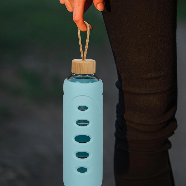 Sport 32oz Glass Water Bottle 1000ml /1 liter Borosilicate Glass Water Bottle Reusable Waterbottle Jugwith Silicone Sleeve and Unique Lid (Cyan
