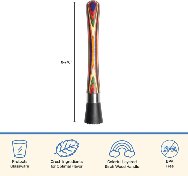 Baltique Marrakesh Collection Wooden Muddler for Cocktails – Colorful Birch Wood Handle with Non-Scratch Head, Perfect for Mojitos, Old Fashioneds & Home Bartending