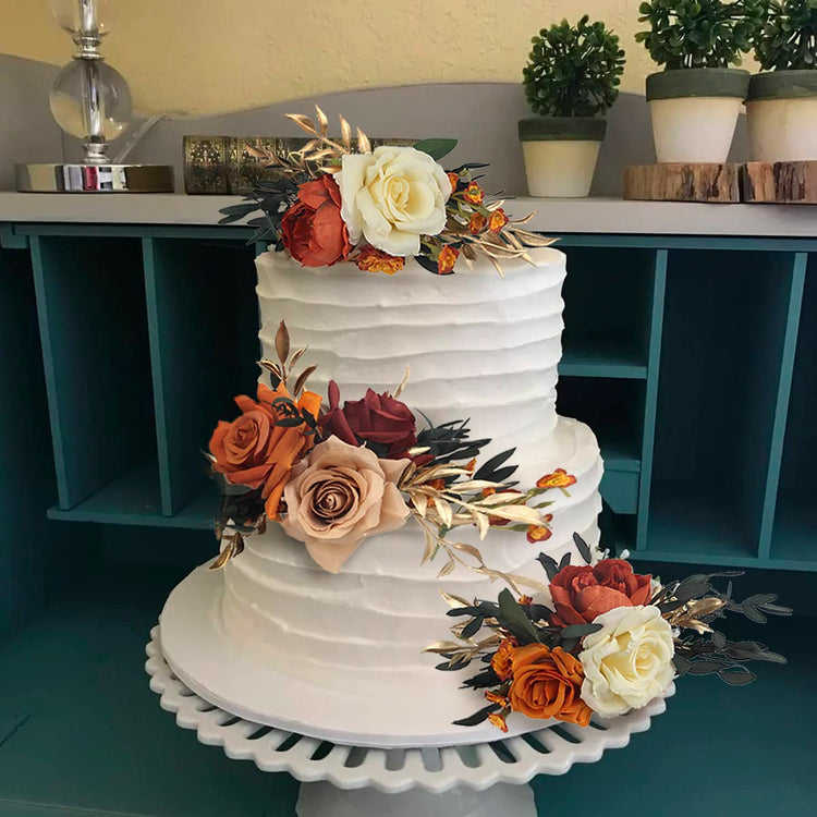 3Pcs Pre made Cake Topper Cake Decorating Flowers for Cake Decor Boho Burnt Orange Fall Cake Flowers for Wedding Baptism Birthday Party Bridal Baby Shower (3 Count)