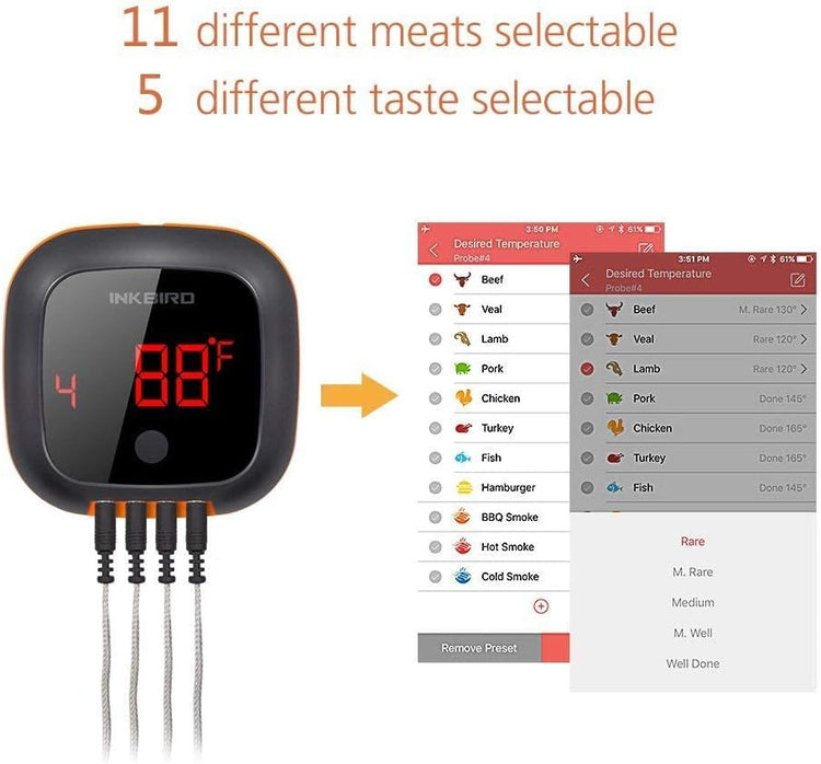 Inkbird Bluetooth Digital Wireless Meat Thermometer with 4 Probes Timer, Alarm,150 ft Barbecue Cooking Kitchen Food Meat Thermometer for Grill BBQ Smoker, Oven, Drum