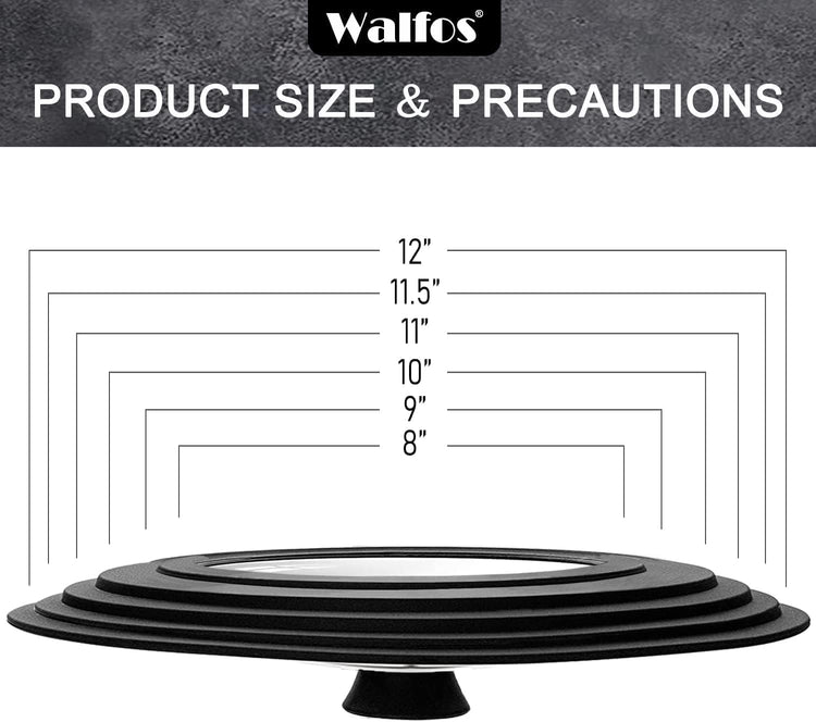 Walfos Universal Pan Lid - Pot Lid for Pots, Pans and Skillets, with Unique Enlarged Heat Resistant Silicone Rim and Tempered Glass, Fits 8" to 12" Diameter Cookware, BPA Free (1 Piece)
