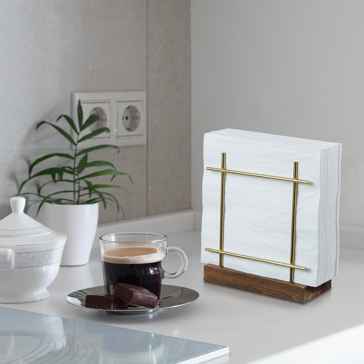 Brass Tone Wire Metal Napkin Holder With Wood Base