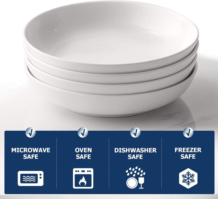 Y YHY Pasta Bowls 32oz, Ceramic Large Salad Serving Bowls, White Pasta Bowls Set, Shallow Soup Bowl Set of 4, Microwave & Dishwasher Safe