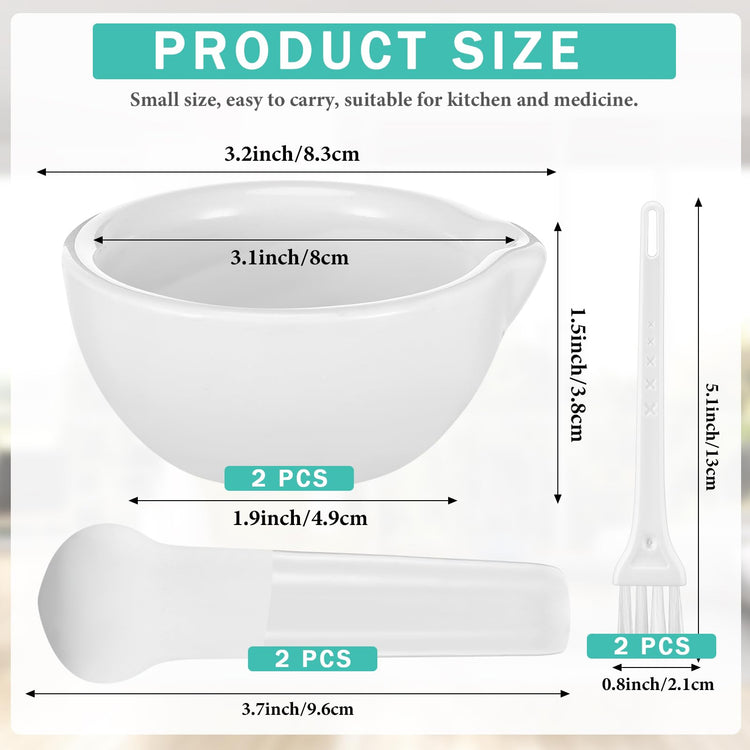 2 Sets Mini Porcelain Mortar and Pestle Set Porcelain Herb Grinder Crusher Grinding Bowl Kitchen Mixing Grinding Bowl with 2 Pieces Brushes for Seasonings (4 Count)