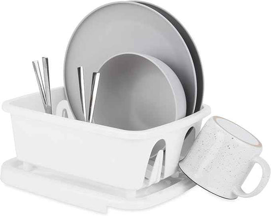 Camco RV Mini Dish Drainer & Tray - Features a Sloped Drain Tray Design, Heavy-Duty Construction - Ideal for Small Spaces, Apartments, Boats, and More -9.5" L x 11.7" W x 4.75" H - White (43511)