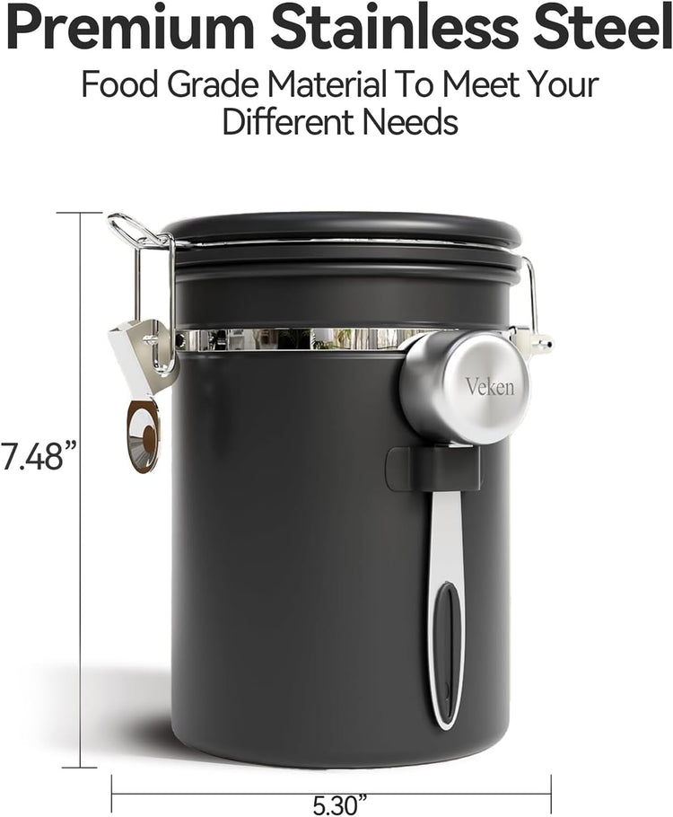 Veken Coffee Canister with Window,Airtight Stainless Steel Container,Home Kitchen Food Storage Organizers for Grounds,Beans,Espresso,Rice,Tea,Sugar,Flour, Cereal,Scoop,Bar Accessories,Gifts,22OZ,Black