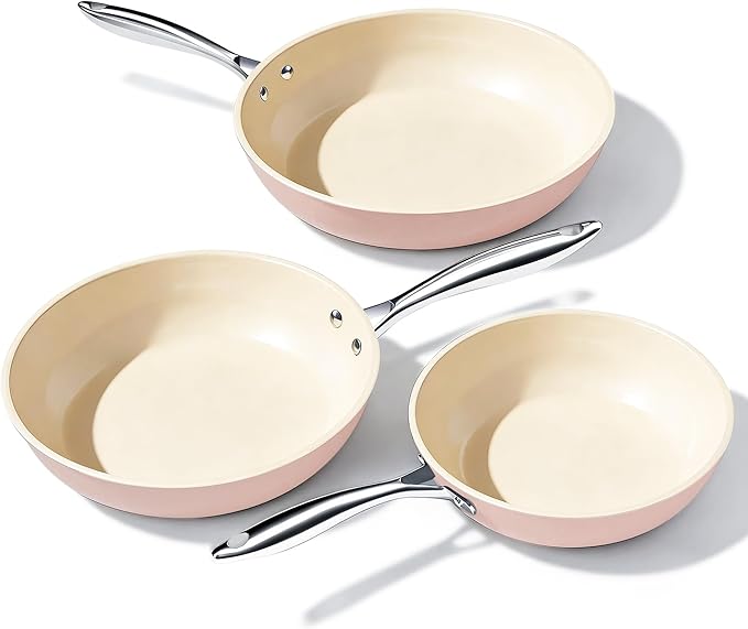 UUKRAVE Nonstick Ceramic Frying Pan Set, Healthy Ceramic Pan for Cooking with Stainless Steel Handle, Non-Toxic, PFAS/PTFE/PFOA-Free, Induction Compatible, Dishwasher & Oven Safe, 8"/9.5"/11", Pink