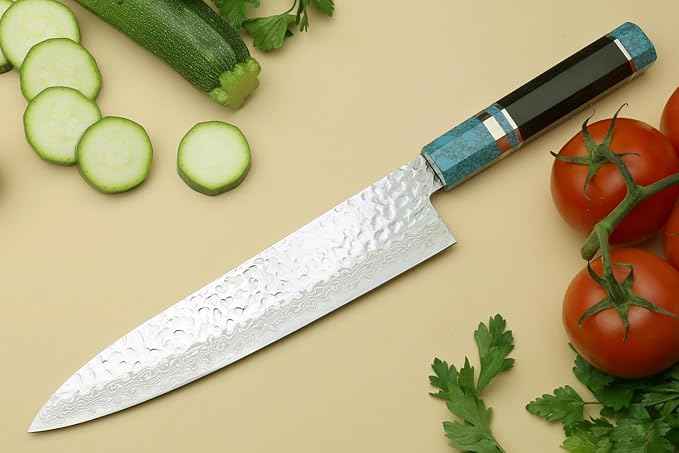 Yoshihiro VG-10 46 Layers Hammered Damascus Gyuto Japanese Chefs Knife Octagonal Turquoise Blue Handle 8.25" (210mm)