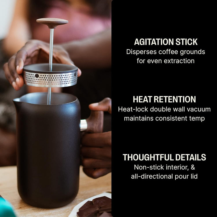 Fellow Clara French Press Coffee Maker - Portable Stainless Steel Coffee Press, Insulated Manual Brewer, Matte Black with Walnut, 24 oz Carafe