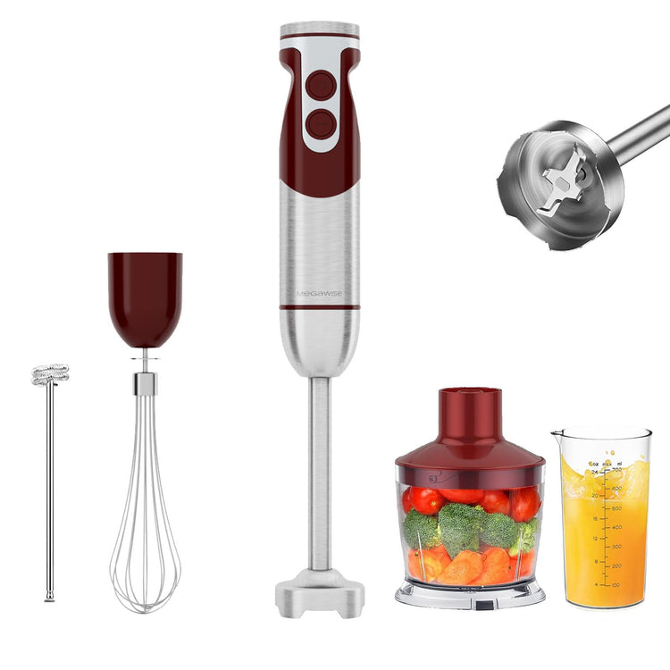 5-in-1 Immersion Hand Blender Set with Variable Speed, 400W, Stainless Steel - Includes Chopper, Whisk, Milk Frother, and Beaker - Ideal for Soups, Smoothies, Baby Food & More (RED)