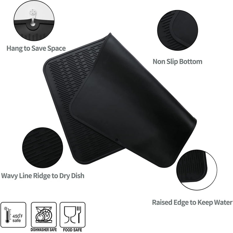 Silicone Dish Drying Mat for Multiple Usage,Easy clean,Eco-friendly,Heat-resistant Silicone Mat for Kitchen Counter or Sink,Refrigerator or Drawer Liner Black 4XL 32 inches x 18 inches