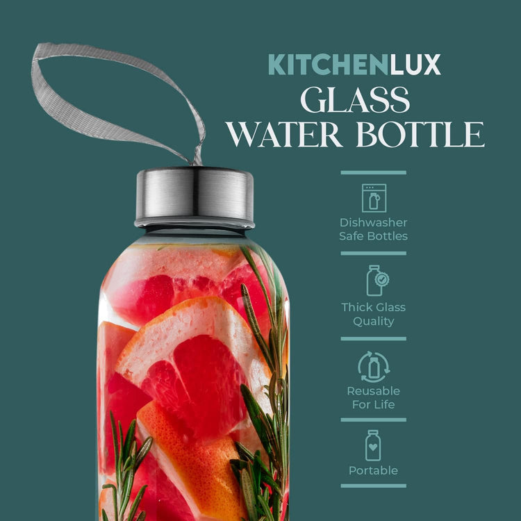 16 Ounce Glass Water Bottles, Reusable Water Bottles with Airtight, Pack of 4, Stainless Steel Lids Carrying Strap And Nylon Water Bottle Protective Sleeves for Hot Or Cold Drinks