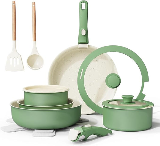 Bazova Ceramic Nonstick Cookware Set, Healthy,Non Toxic,17-Pieces Pots and Pans Set Removable Handles,Induction RV Kitchen Set,Stain & Scratch-resistant,Dishwasher/Oven Safe,PFAS/PFOA Free,Green