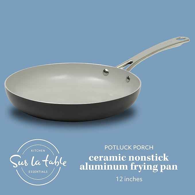 Sur La Table Kitchen Essentials Potluck Porch 12 Inch Deep Frying Pan Skillet Aluminum PFA Free Ceramic Cookware Chef's Pan, Omelet Pan - Induction - Black