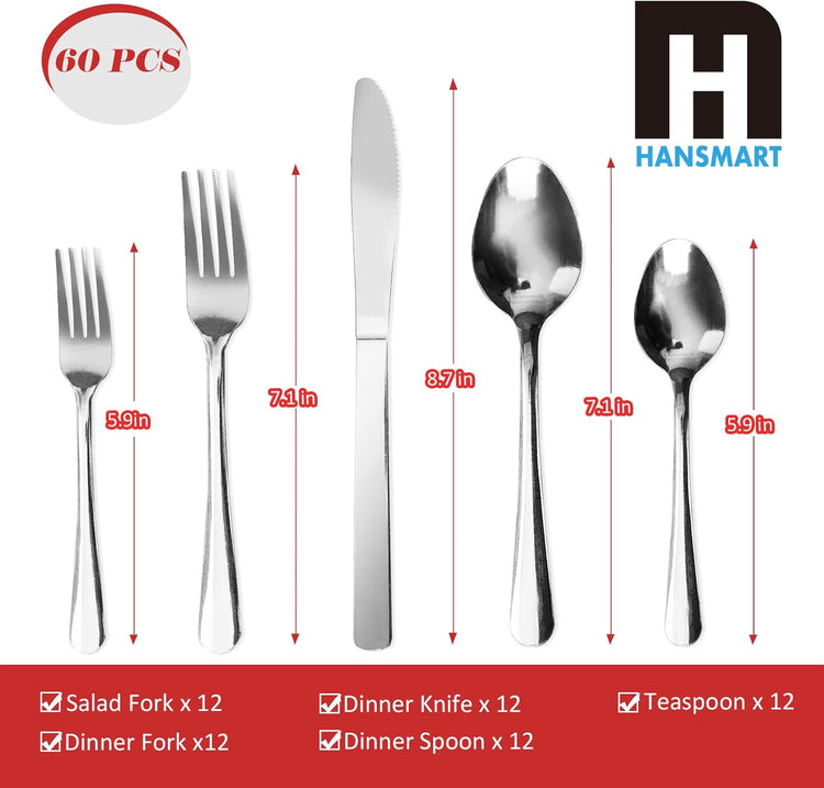 60 PCS Windsor Silverware Set - Stainless Steel Silverware Set for 12 Kitchen Flatware Set Cutlery Set For Home Restaurant Hotel, Kitchen Dishwasher Safe Utensils Set Weddings, Parties, Gifts