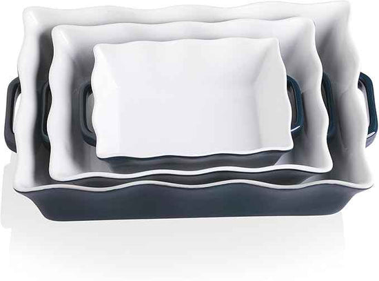 Sweejar Casserole Dishes for Oven, Ceramic Bakeware Set of 3, Rectangular Baking dish with Handles, Wave Edge Lasagna Pan Deep for Cooking, Cake, Dinner, Banquet and Daily Use (Navy)