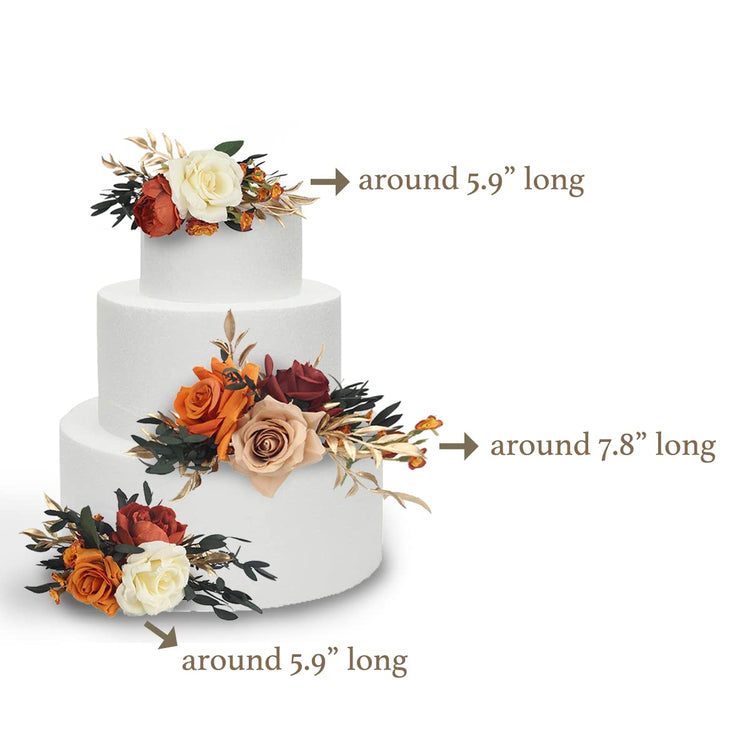 3Pcs Pre made Cake Topper Cake Decorating Flowers for Cake Decor Boho Burnt Orange Fall Cake Flowers for Wedding Baptism Birthday Party Bridal Baby Shower (3 Count)