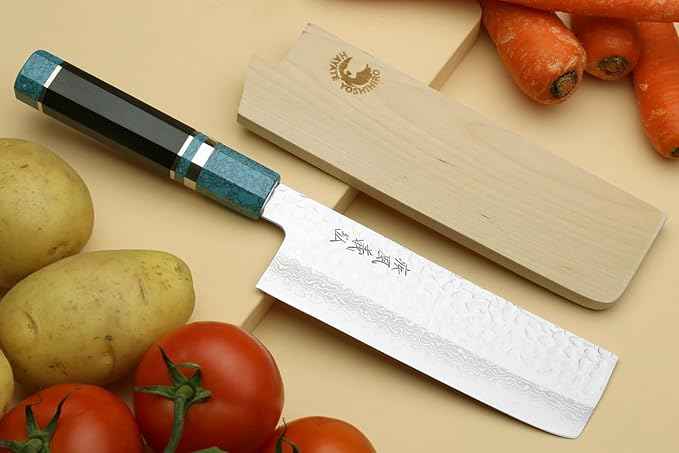 Yoshihiro VG-10 46 Layers Hammered Damascus Nakiri Japanese Vegetable Knife Octagonal Turquoise Blue Handle (6.5'' (165mm))