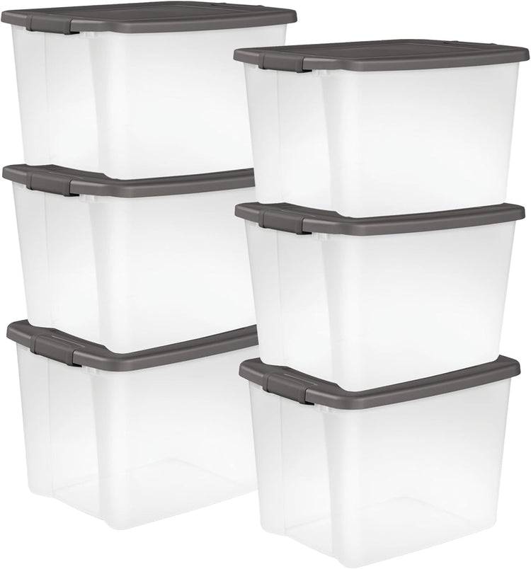 Sterilite 6-Pack ShelfTote, Clear Plastic Storage Bins with Lids, 50 Quart, Gray - Stackable Organizing Container Boxes for Closet, Bathroom, and Office