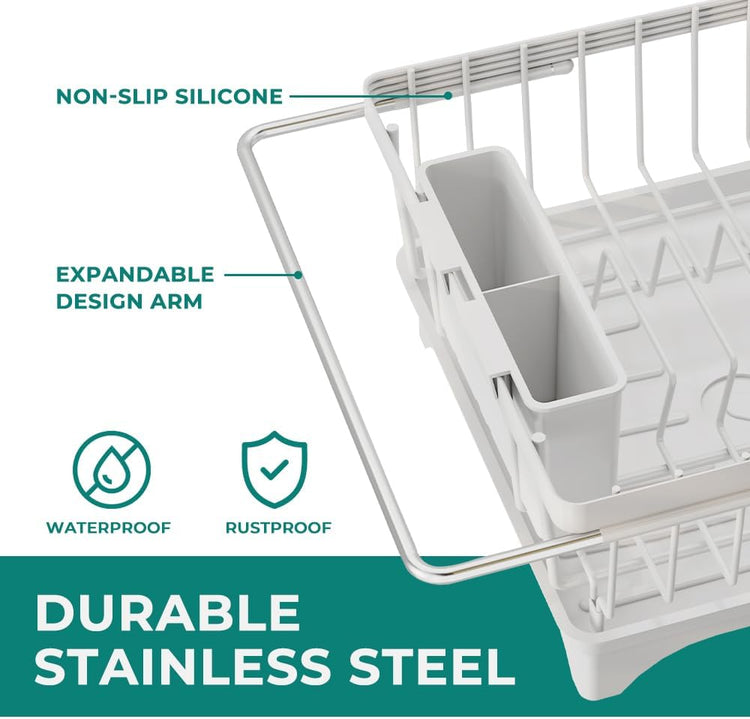 Small Dish Drying Rack in Sink, Expandable Stainless Steel Dish Drainers for Kitchen Counter, with Drain Board & Utensil Holder(White)