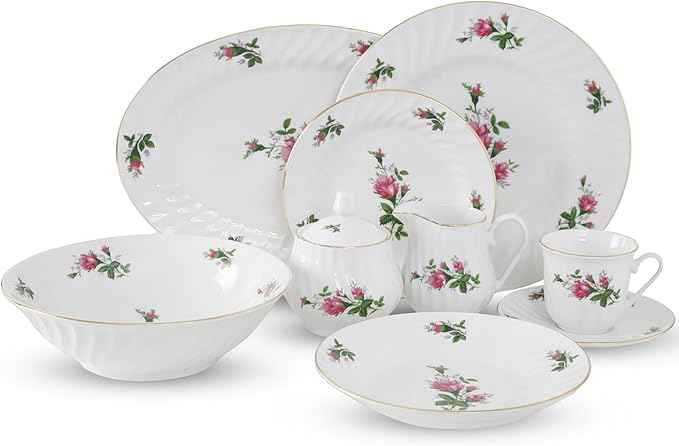 Lynns Paradise 45-Piece Vintage Rose Dinnerware Set, 24K Gold Trim | Embossed Swirl Floral Plates & Bowls | Apartment Essentials | Home Kitchen Dinner Accessories