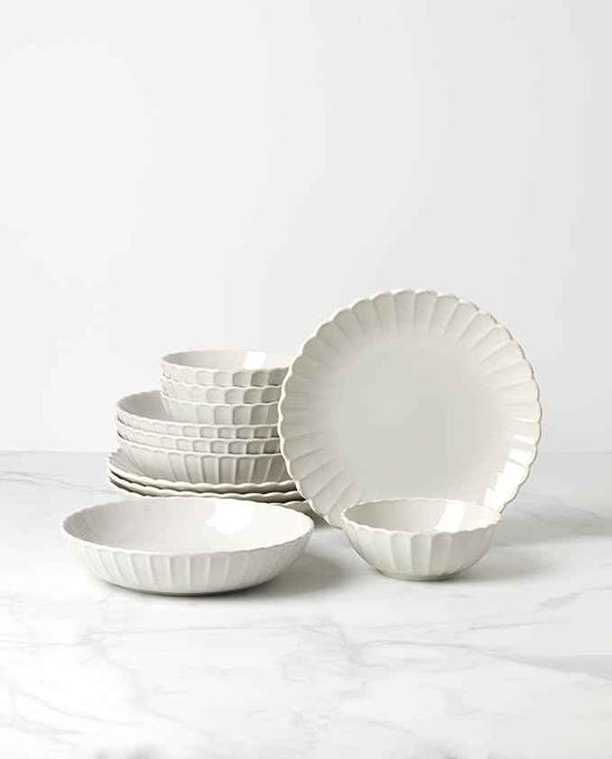 Lenox Dinnerware Set, French Perle Scallop White 12-Piece Set, Service For 4, Stoneware, Dishwasher Safe, Microwave Safe, Plates and Bowls sets, Dish Set, Plate Set, Home And Kitchen (White, 12 Piece)