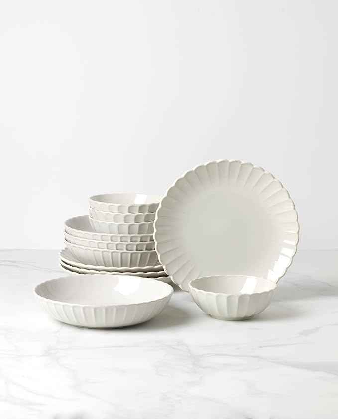 Lenox Dinnerware Set, French Perle Scallop White 12-Piece Set, Service For 4, Stoneware, Dishwasher Safe, Microwave Safe, Plates and Bowls sets, Dish Set, Plate Set, Home And Kitchen (White, 12 Piece)