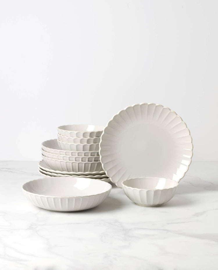 French Perle Scallop White Dinnerware Plate and Bowl Set (12 Count)