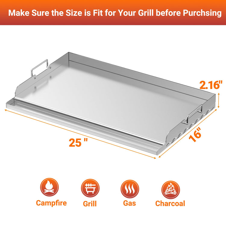 25x16 Inch Stainless Steel Griddle for BBQ and Flat Top Grill