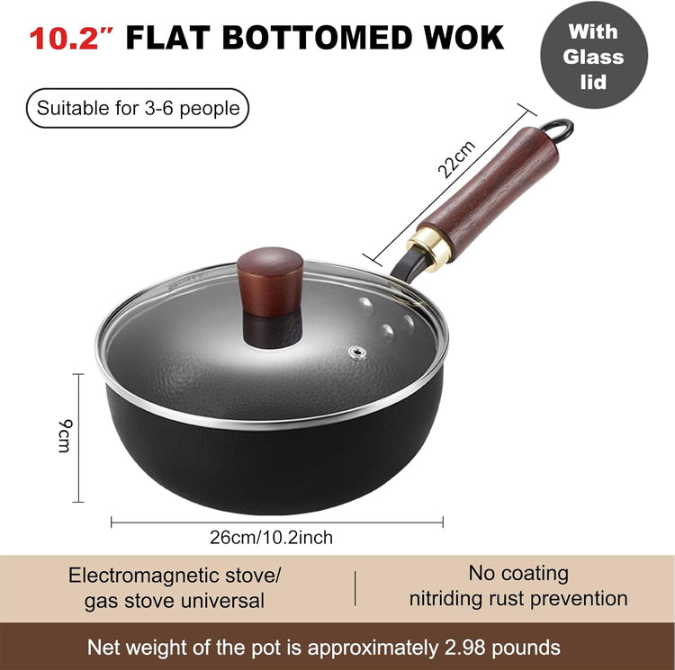 Carbon Steel Wok Pan, 10.2 “ Woks & Stir-Fry Pans with Wooden Lid Cookwares, Nonstick Wok, No Chemical Coated Flat Bottom Hand Hammered Chinese Wok For for Electric, Induction, for All Stoves