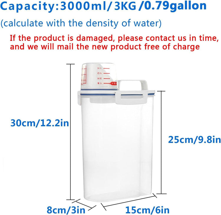 5.5 Lbs Rice Airtight Dry Food Storage Container Set of 4, Rice Storage Bin Cereal Containers Dispenser, Thicken Plastic Clear Food Storage Box with Pouring Spout, Measring Cup for Grain, Flour Snacks