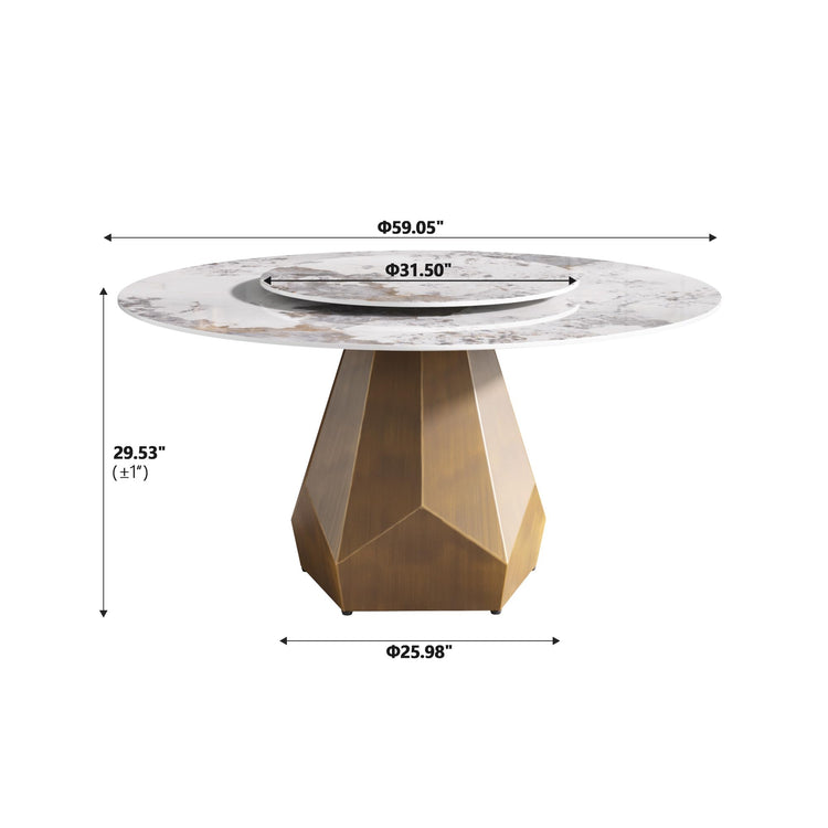 59" Modern Artificial Marble Round Dining Table with Antique Brass Metal Base & 31.5" White Sintered Stone Turntable