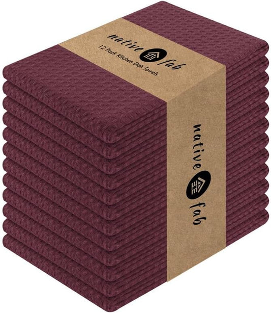 Native Fab Cotton Kitchen Towel with Hanging Loop 16x26 inches, 12-Pack, Waffle Weave Kitchen Towels for Cleaning Drying, Washcloths Soft & Absorbent Cloth Rags, Bar Towel, Dish Cloth, Burgundy Wine - Nestoria