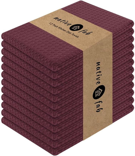Native Fab Cotton Kitchen Towel with Hanging Loop 16x26 inches, 12-Pack, Waffle Weave Kitchen Towels for Cleaning Drying, Washcloths Soft & Absorbent Cloth Rags, Bar Towel, Dish Cloth, Burgundy Wine - Nestoria