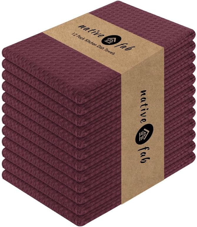 Native Fab Cotton Kitchen Towel with Hanging Loop 16x26 inches, 12-Pack, Waffle Weave Kitchen Towels for Cleaning Drying, Washcloths Soft & Absorbent Cloth Rags, Bar Towel, Dish Cloth, Burgundy Wine - Nestoria