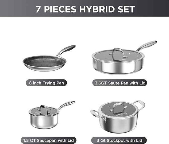 COOKER KING 7 PCS Stainless Steel Cookware Set, Pots and Pans Set Non Stick, Hybrid Cookware,Non-Stick Frying Pan, Saucepan, Saute Pan & Stockpot, Non-Toxic, Oven Safe, Induction Compatible