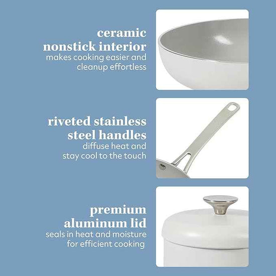 Sur La Table Kitchen Essentials Potluck Porch 10 Piece PFA Free Ceramic Non stick Interior Forged Aluminum Cookware Pots and Pans Set W/Aluminum Lids - Linen White - Induction Compatible