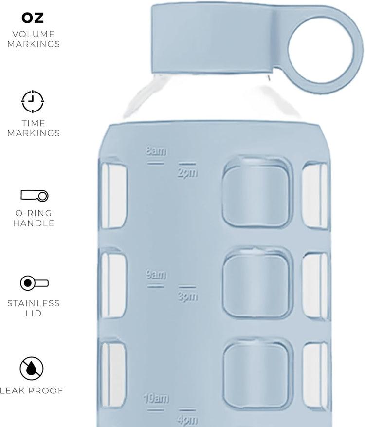 purifyou 40oz / 32oz / 22oz / 12oz Borosilicate Glass Water Bottle with Time & Volume Markers, Silicone Sleeve, Stainless Steel Lid – Reusable Glass Bottle for Water & Juice (32oz Ice Blue)