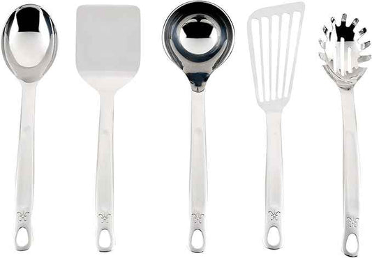Hestan Provisions Chef's Tools, Essential Set (5-Piece), Stainless Steel Solid Spoon, Ladle, Pasta Fork, Turner/Spatula, Fish Spatula