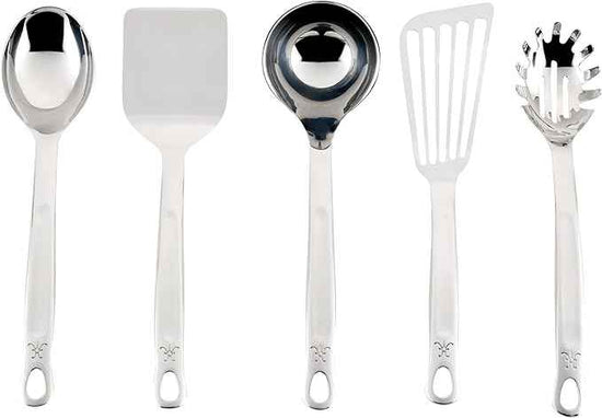 Hestan Provisions Chef's Tools, Essential Set (5-Piece), Stainless Steel Solid Spoon, Ladle, Pasta Fork, Turner/Spatula, Fish Spatula