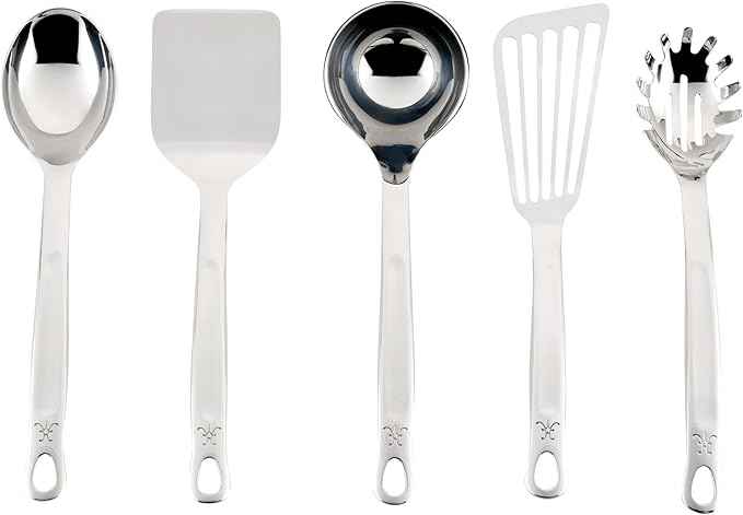 Hestan Provisions Chef's Tools, Essential Set (5-Piece), Stainless Steel Solid Spoon, Ladle, Pasta Fork, Turner/Spatula, Fish Spatula