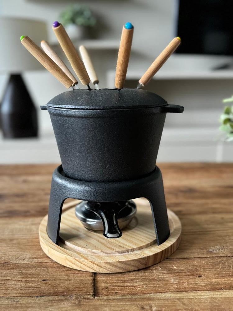 Traditional Fondue Set Matte black enameled cast iron fondue for Taditional swiss fondue 12 pcs fondue pot. for Meat