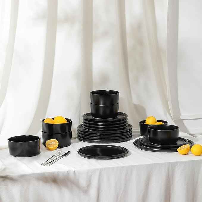 Stone Lain Eden 24-Piece Dinnerware Set Stoneware, Plates and Bowls Set, Dishwasher and Microwave Safe Dish, Dish Set for 8, Black