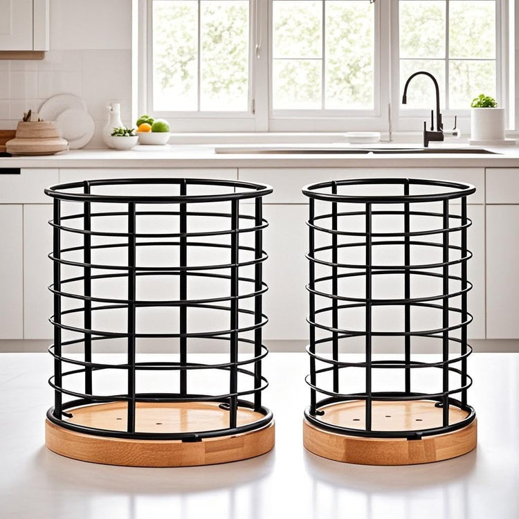 2-Piece Metal Kitchen Utensil Holder Set, Black Crocks with Wooden Bases, 5.1"×5.1"×5.8" & 3.7"×3.7"×5.8" Sizes