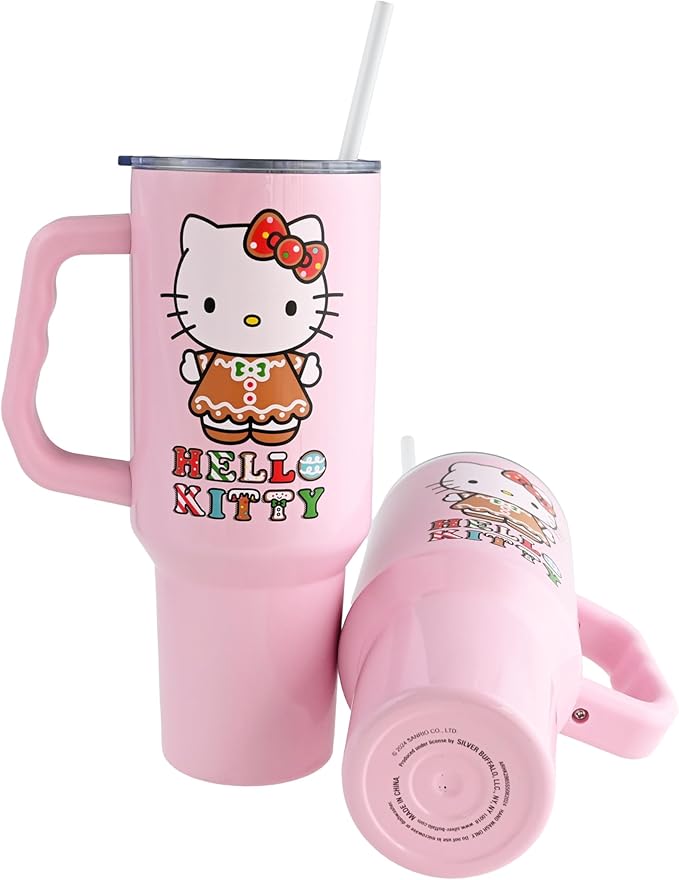 Silver Buffalo Sanrio Hello Kitty Holiday Gingerbread Dress Double Walled Stainless Steel Tumbler with Handle, Fits in Standard Cup Holder, 40 Ounces