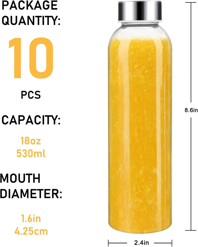 [10 Pack]18 oz Glass Water Bottles with Lids, Juice Bottles, Clear glass juice bottle for juicing, Eco-Friendly Reusable Glass Juicing Bottles with Stainless Steel Lid, BPA Free,Leak-Proof