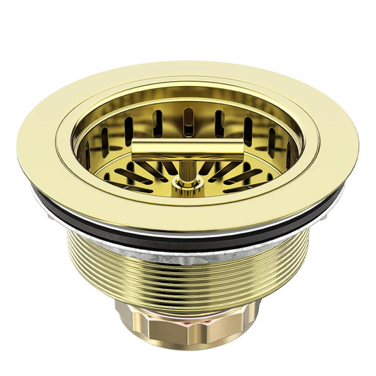 3-1/2 Inch Kitchen Sink Drain Assembly Stainless Steel Gold Kit with Strainer Basket/Rubber Stopper, Rustproof Durable Gold Finish Replacement for Standard Commercial Sink Drains