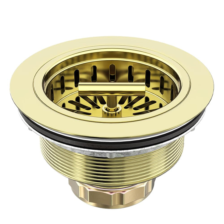 3-1/2 Inch Kitchen Sink Drain Assembly Stainless Steel Gold Kit with Strainer Basket/Rubber Stopper, Rustproof Durable Gold Finish Replacement for Standard Commercial Sink Drains