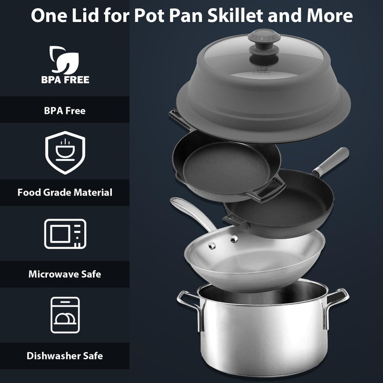 Collapsible Microwave Splatter Lid with Vented Tempered Glass Cover Wok Lid for Microwave Safe, Stockpot Steamer Pot Pan 11-12.5 inch Universal Multifunction Silicone Cover